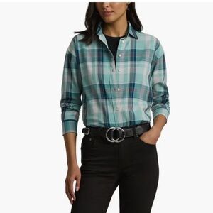 Lauren Ralph Lauren Aqua Plaid Cotton Twill Button-Up Shirt